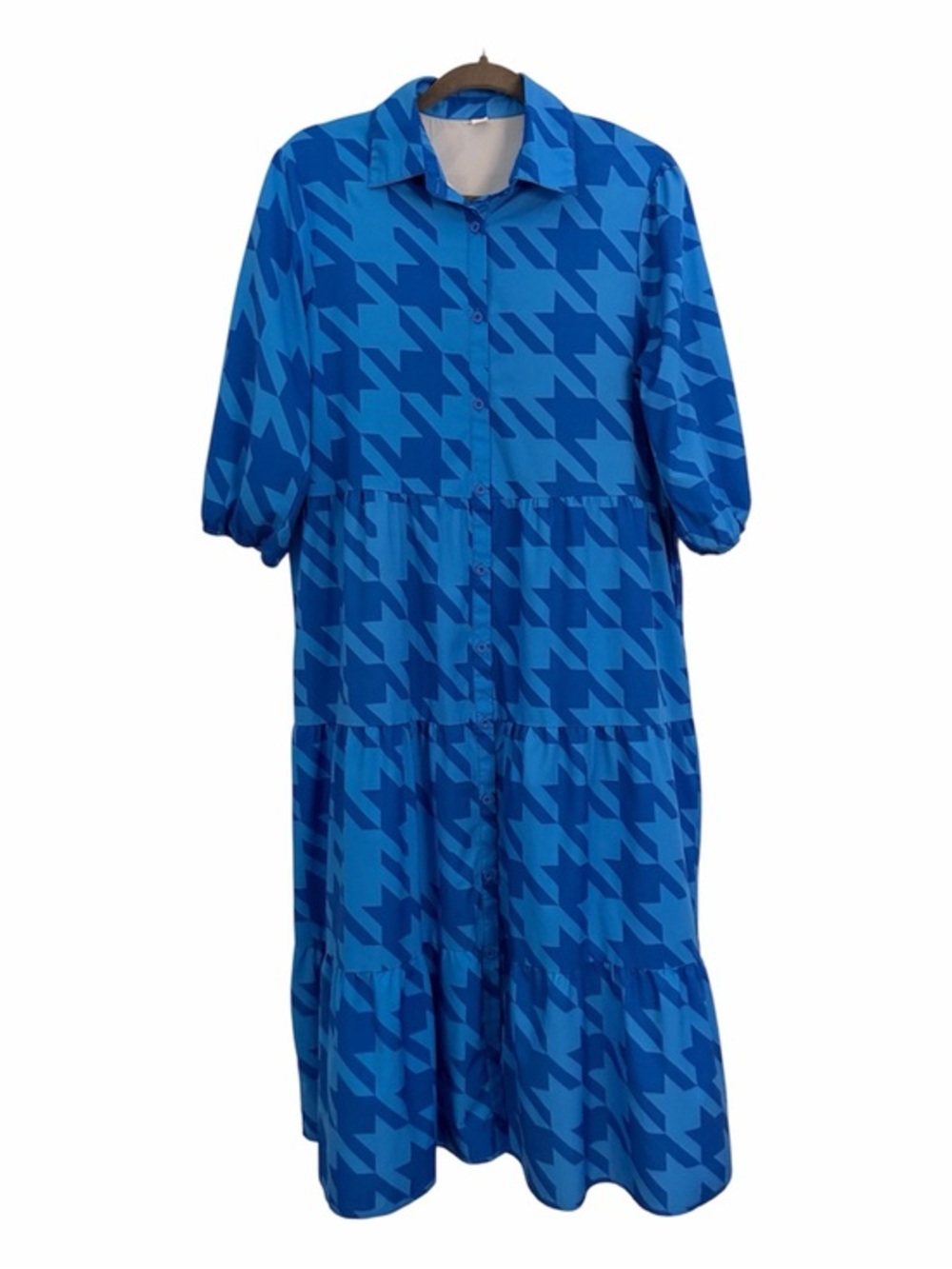 UNBRANDED L Royal Blue Houndstooth 3/4 Sleeves Tiered Button Dress